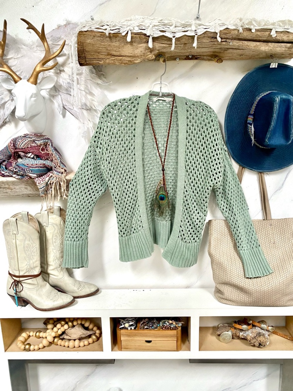 Mesh Sage green Semi sheer crochet/cover up boho Cardi w shabby chic beach vibe - Picture 4 of 15